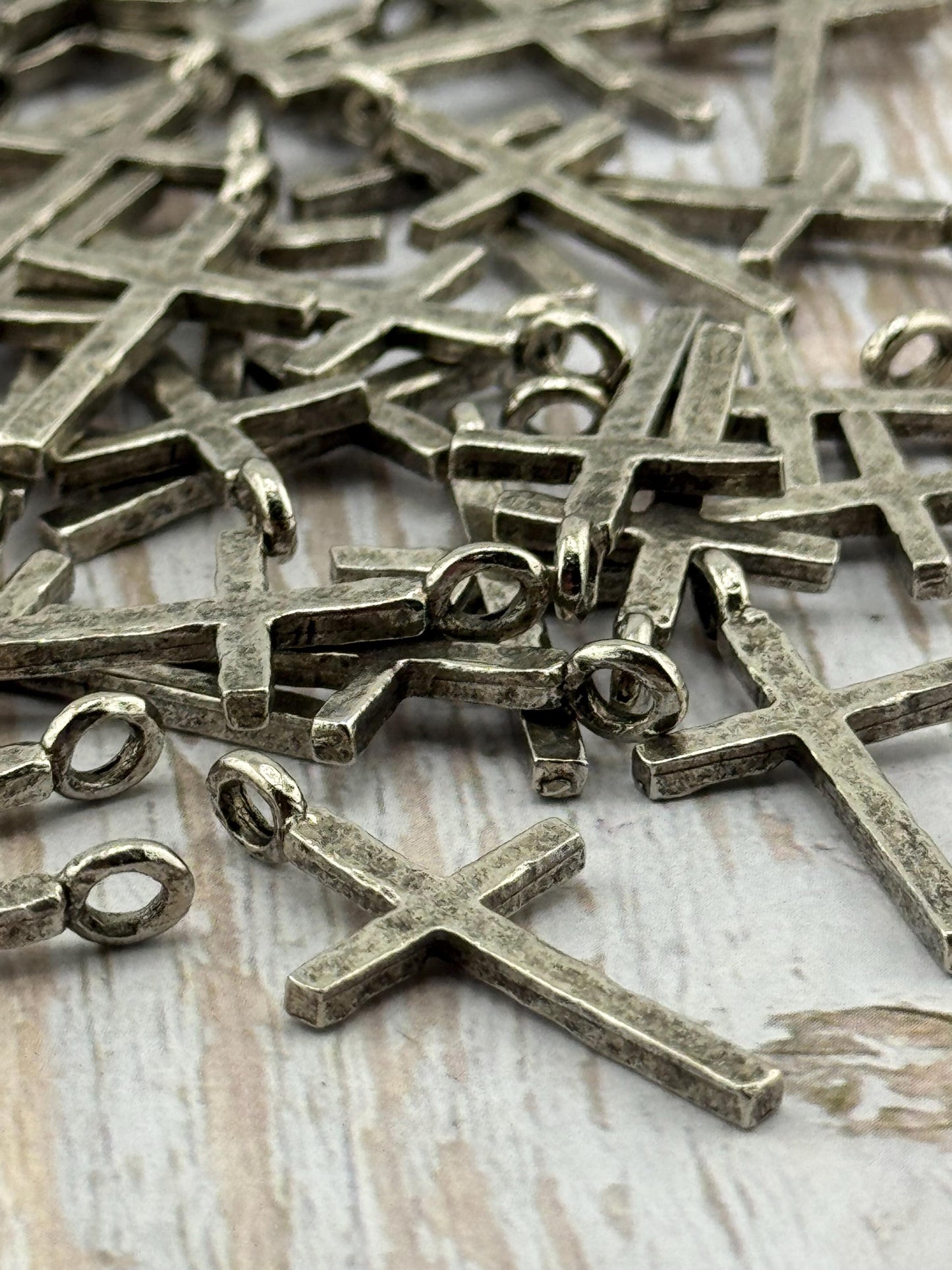 Hammered Cross Charm, Antiqued Pewter - PT462