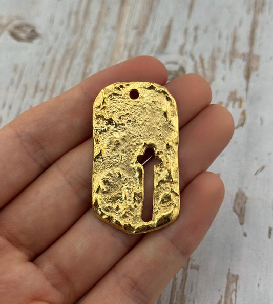 Cross Dog Tag Charm, Satin 18k Gold Plated - ST335