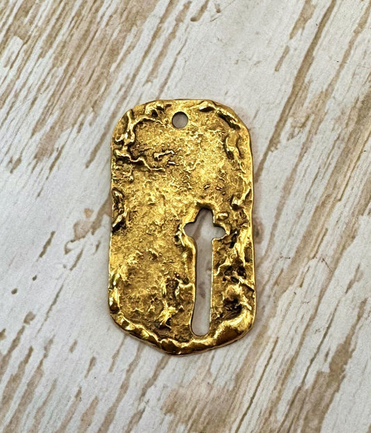Hammered Cross Dog Tag, Antiqued 18K Gold Plated - AG155