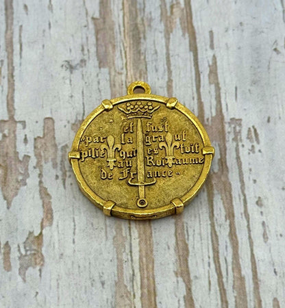 Medalla grande de Juana de Arco con marco, chapada en oro de 18k envejecido - AG152