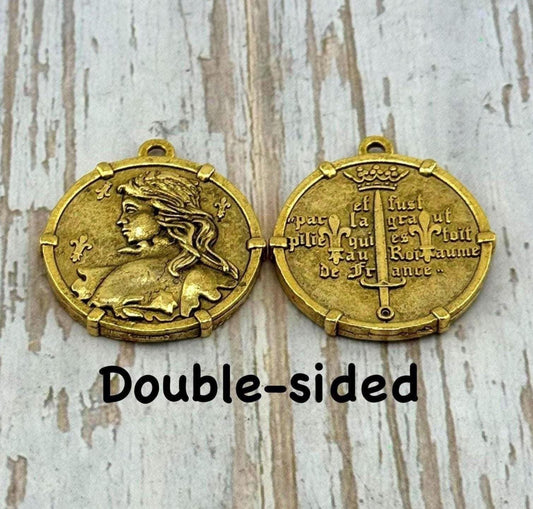 Large Joan of Arc Medal with Frame, Antiqued 18k Gold Plated - AG152
