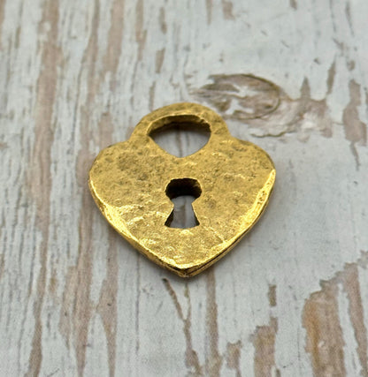 Hammered Padlock Heart Charm, Antiqued 18K Gold Plated - AG112