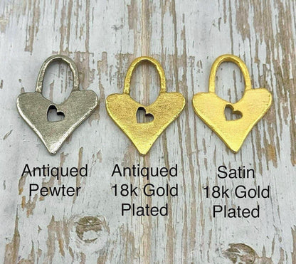 Large Padlock Heart Charm, Antiqued 18k Gold Plated - AG092