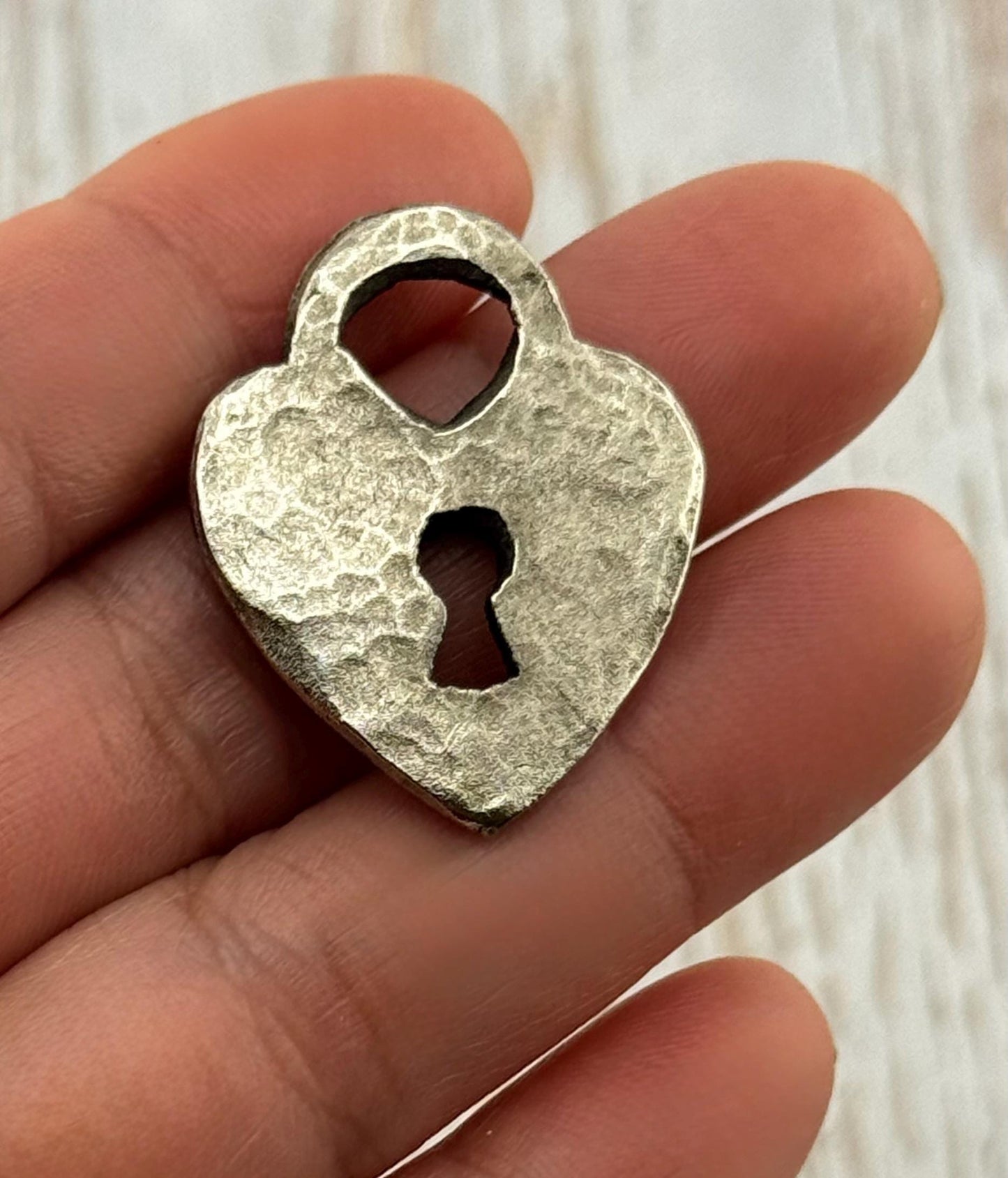 Hammered Padlock Heart Charm, Antiqued Pewter - PT472