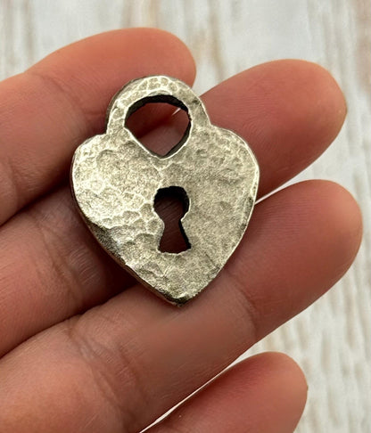 Hammered Padlock Heart Charm, Antiqued Pewter - PT472