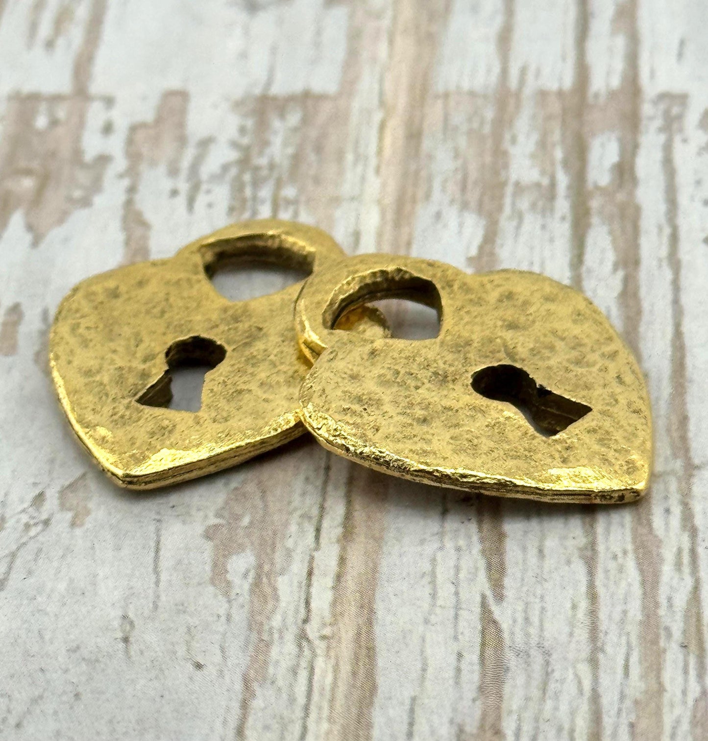 Hammered Padlock Heart Charm, Antiqued 18K Gold Plated - AG112