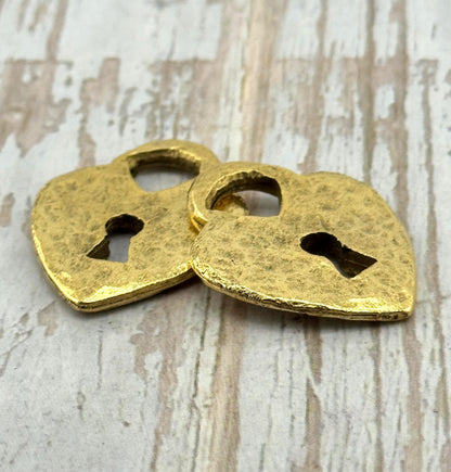 Hammered Padlock Heart Charm, Antiqued 18K Gold Plated - AG112