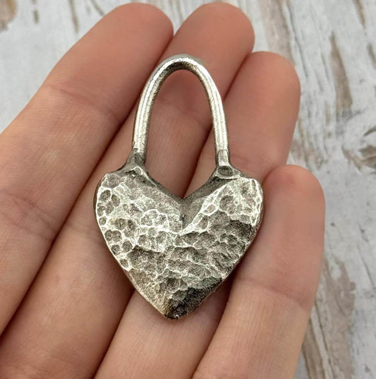 Hammered Heart Charm with Elongated Loop, Antiqued Pewter - PT453