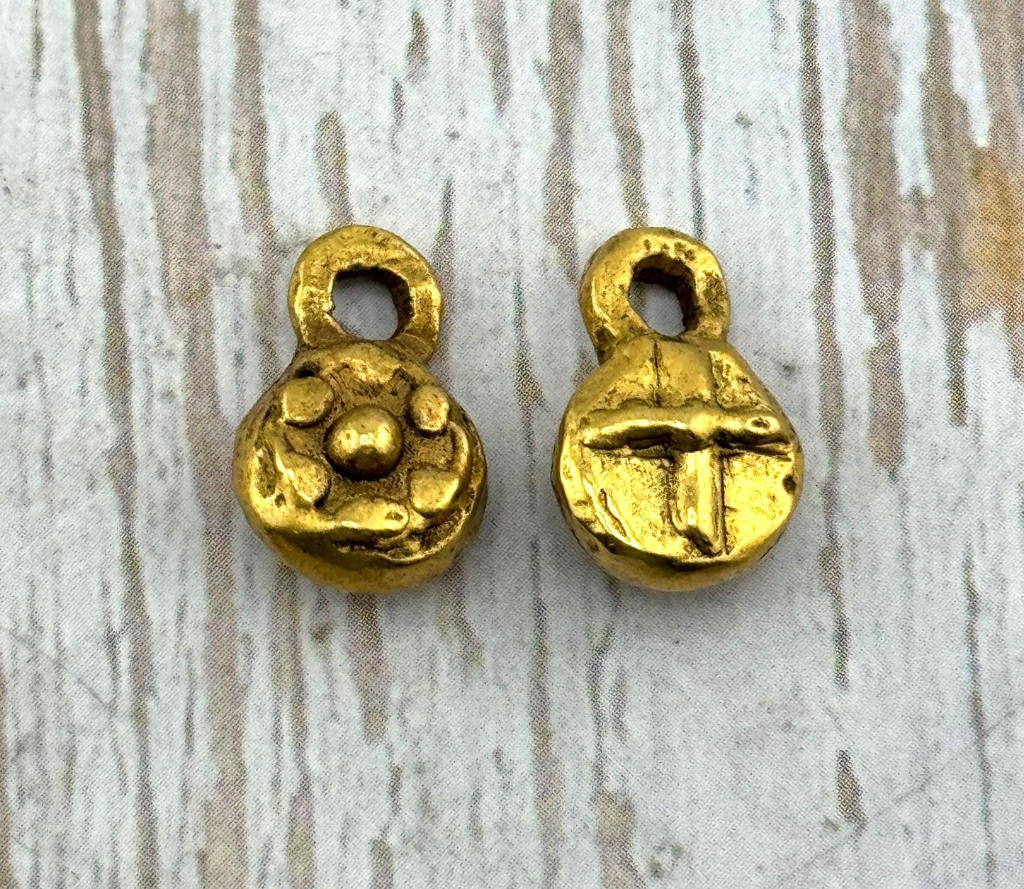 Double-sided Cross and Flower Charm, Antiqued 18k Gold Plated - AG139