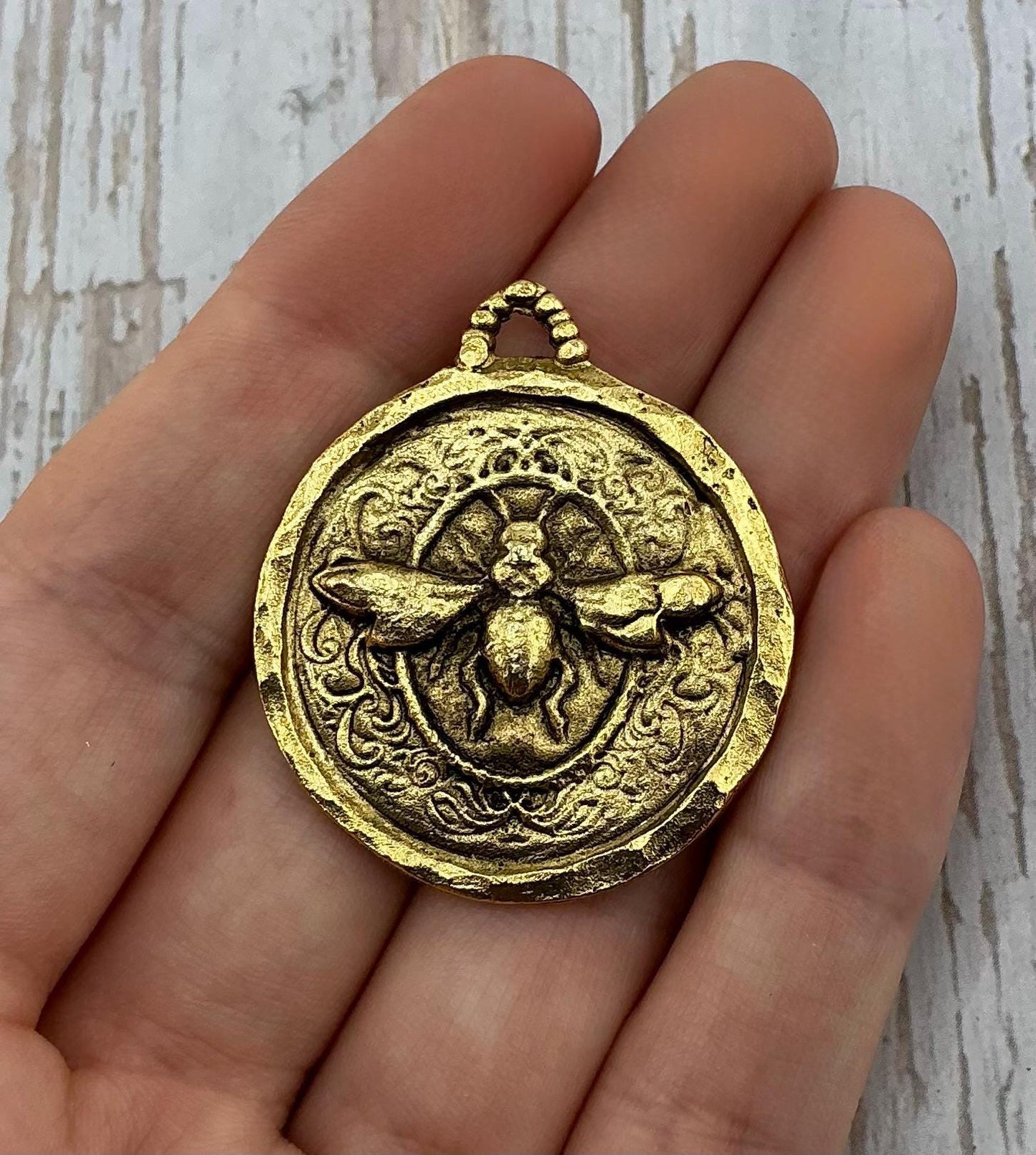 Hammered Round Bee Pendant, Antiqued 18k Gold Plated - AG089