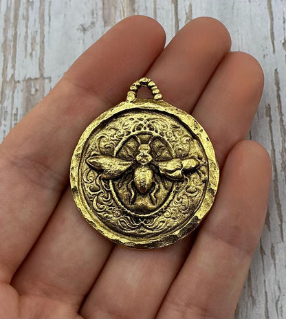 Hammered Round Bee Pendant, Antiqued 18k Gold Plated - AG089