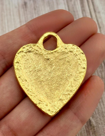 Large Chunky Hammered Heart Pendant, Satin 18K Gold Plated - ST275