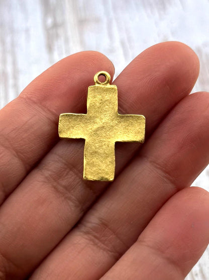 Distressed Cross Charm, Antiqued 18k Gold Plated - AG146
