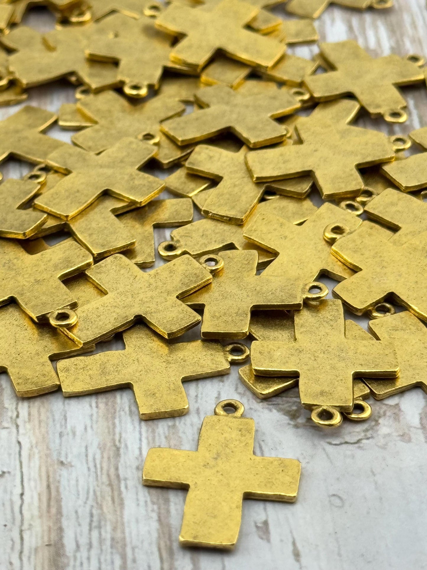 Distressed Cross Charm, Antiqued 18k Gold Plated - AG146