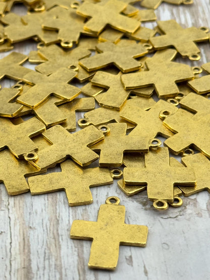 Distressed Cross Charm, Antiqued 18k Gold Plated - AG146