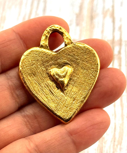 Double-Sided Heart Pendant, Antiqued 18k Gold Plated - AG088