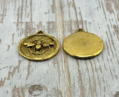 Hammered Round Bee Pendant, Antiqued 18k Gold Plated - AG089