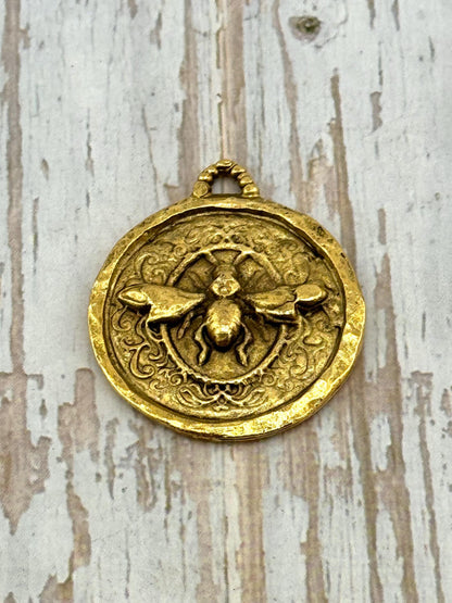 Hammered Round Bee Pendant, Antiqued 18k Gold Plated - AG089