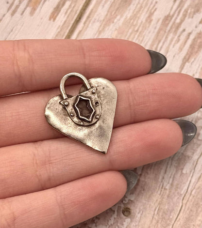 Padlock Heart Large Charm, Antiqued Pewter - PT384