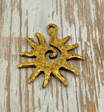 Hammered Spiral Sun Pendant, Antiqued 18k Gold Plated - AG094