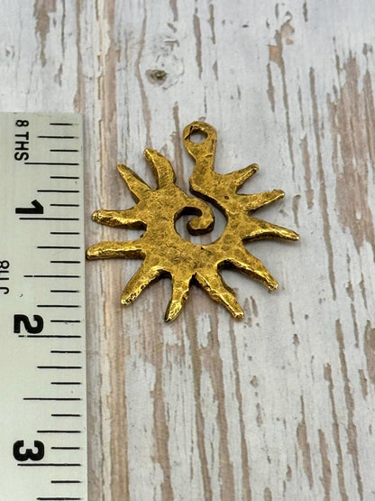 Hammered Spiral Sun Pendant, Antiqued 18k Gold Plated - AG094