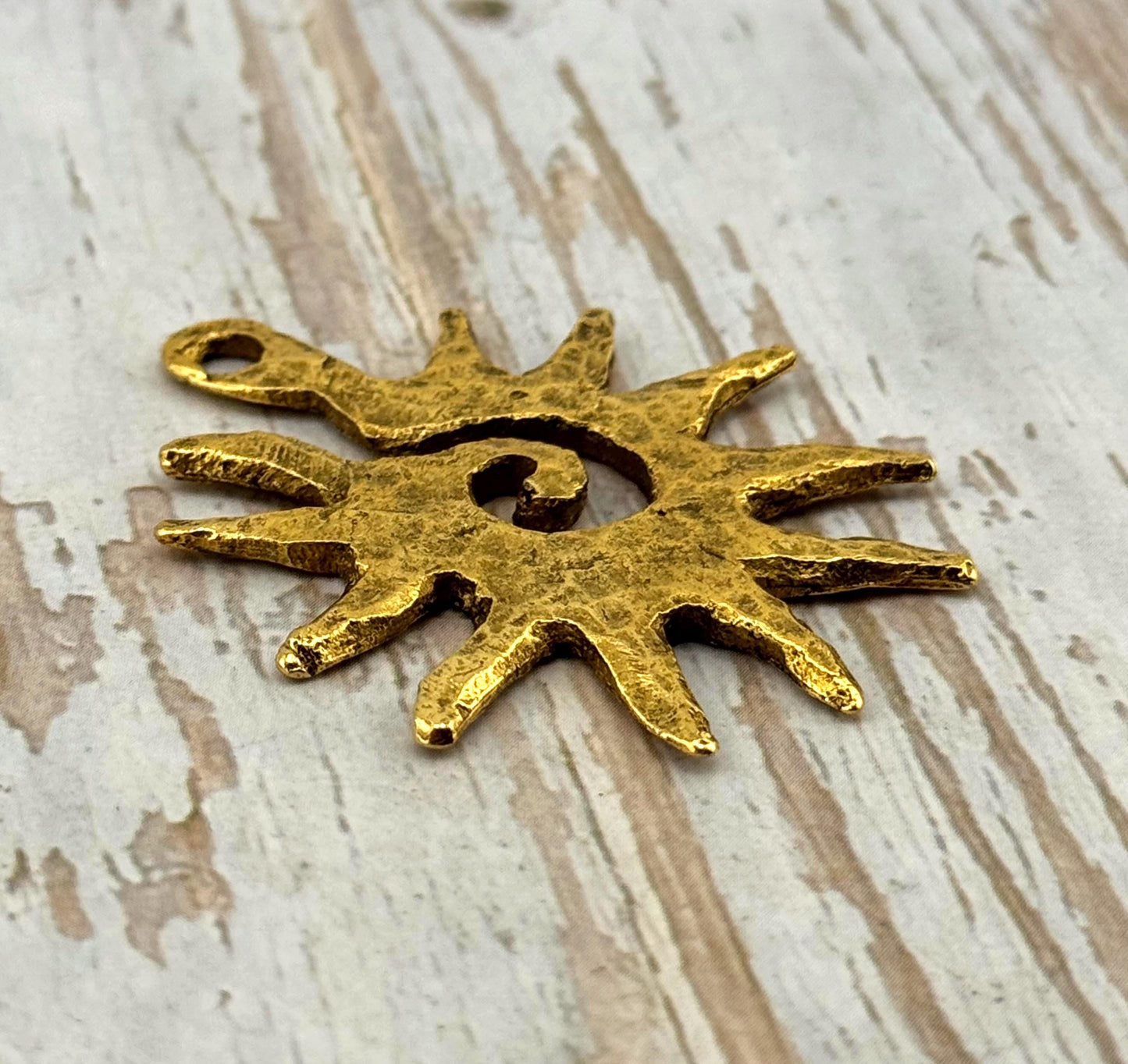 Hammered Spiral Sun Pendant, Antiqued 18k Gold Plated - AG094