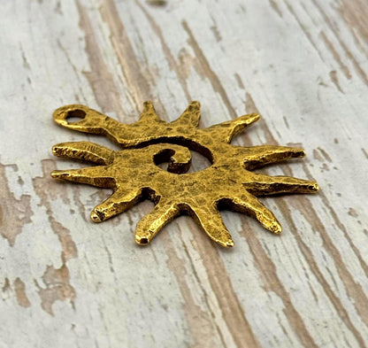 Hammered Spiral Sun Pendant, Antiqued 18k Gold Plated - AG094