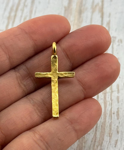 Hammered Cross Charm, Antiqued 18k Gold Plated - AG102