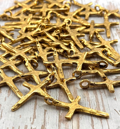 Large Rustic Cross Charm, Antiqued 18k Gold Plated - AG121