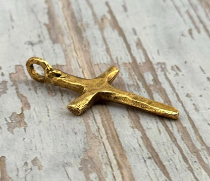 Large Rustic Cross Charm, Antiqued 18k Gold Plated - AG121