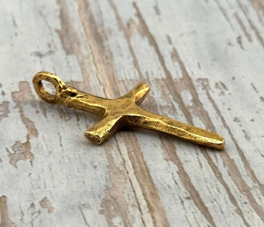 Large Rustic Cross Charm, Antiqued 18k Gold Plated - AG121