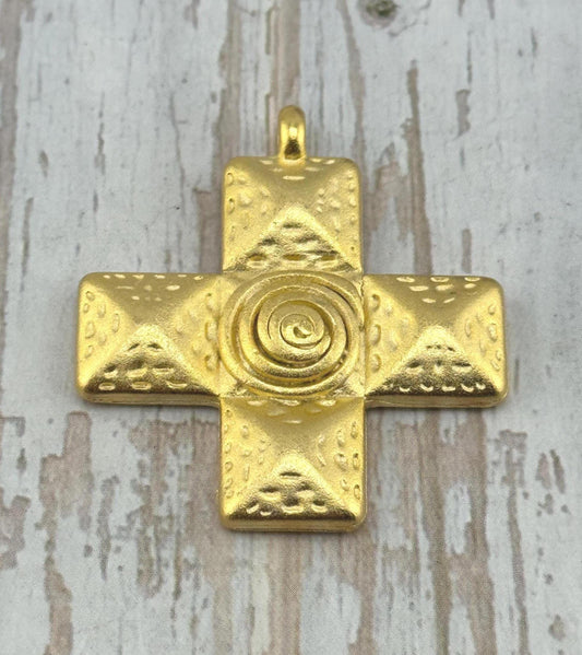 Large Square Cross Charm, Satin 18k Gold Plated - ST339