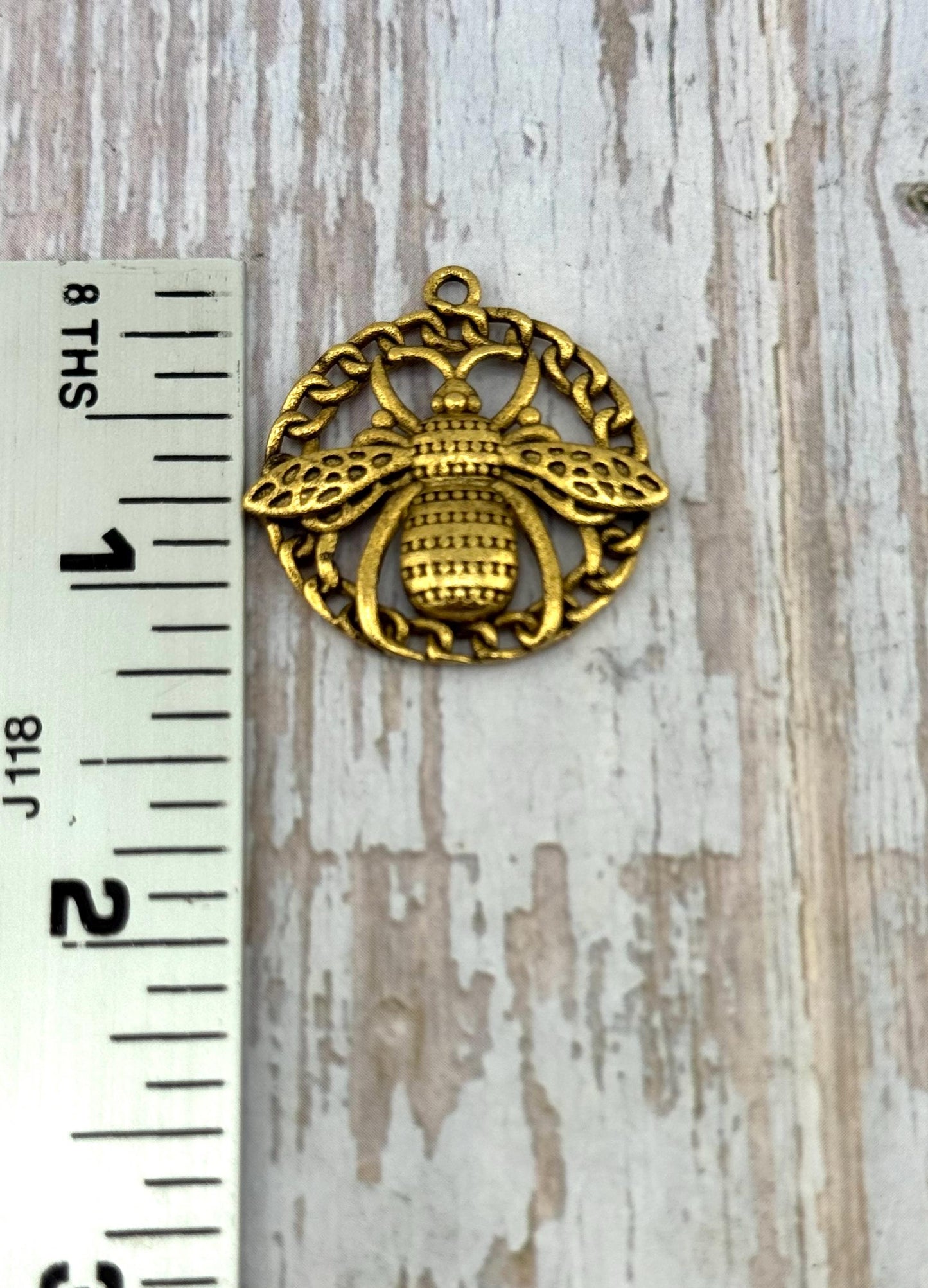 Large Round Bee Charm, Antiqued 18k Gold Plated - AG162