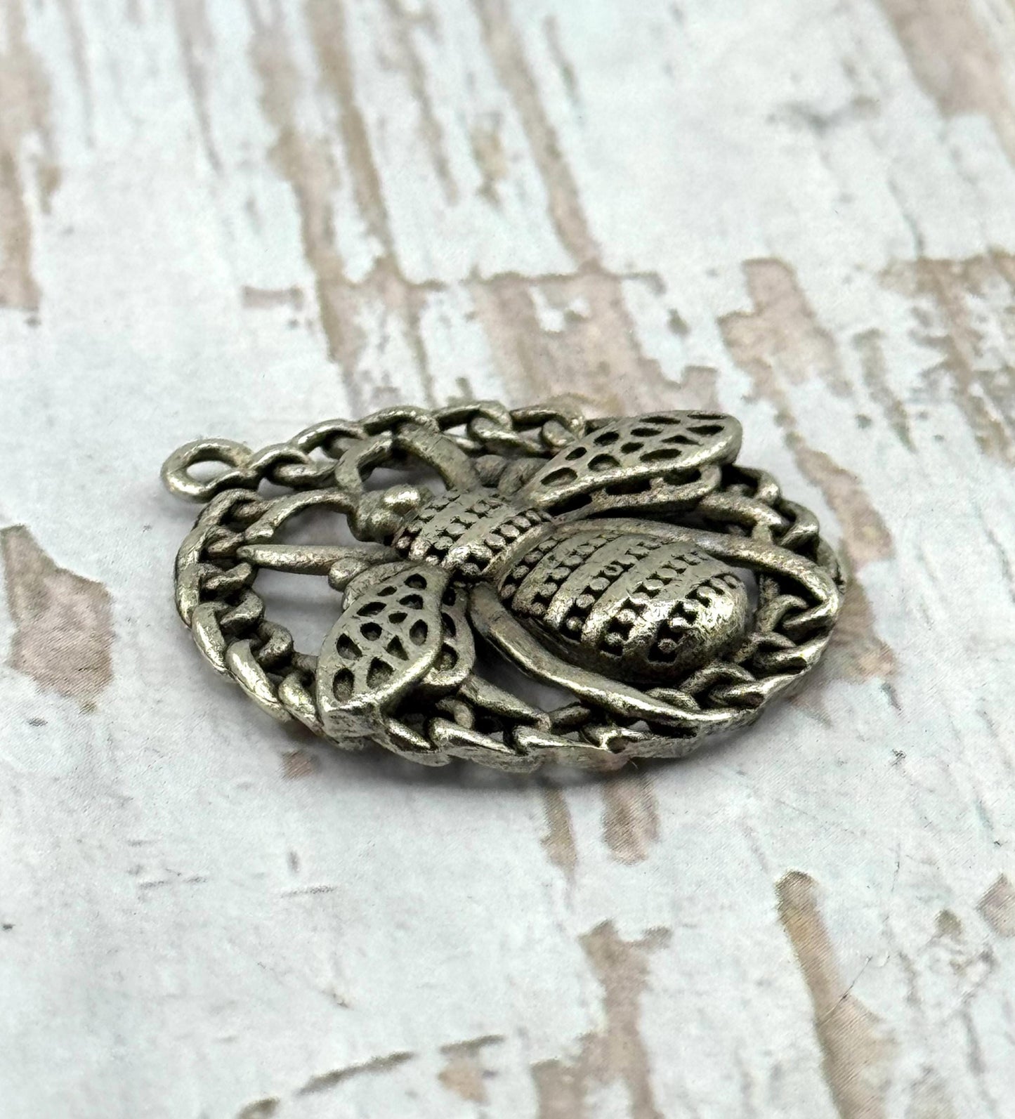 Large Round Bee Pendant, Antiqued Pewter - PT522
