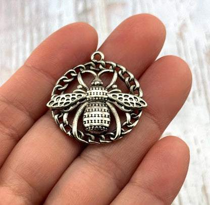 Large Round Bee Pendant, Antiqued Pewter - PT522