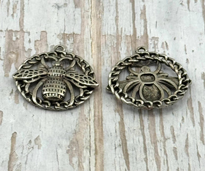 Large Round Bee Pendant, Antiqued Pewter - PT522