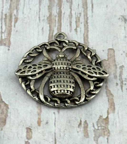 Large Round Bee Pendant, Antiqued Pewter - PT522