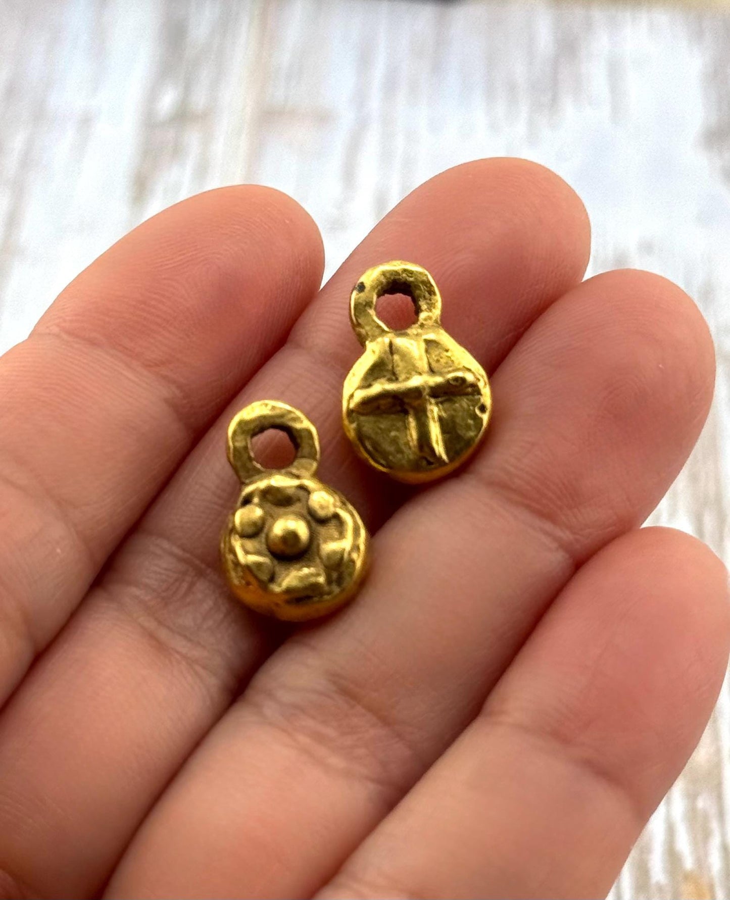 Double-sided Cross and Flower Charm, Antiqued 18k Gold Plated - AG139