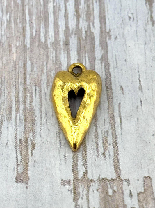 Hammered Heart Charm, Antiqued 18K Gold Plated Pendant - AG557