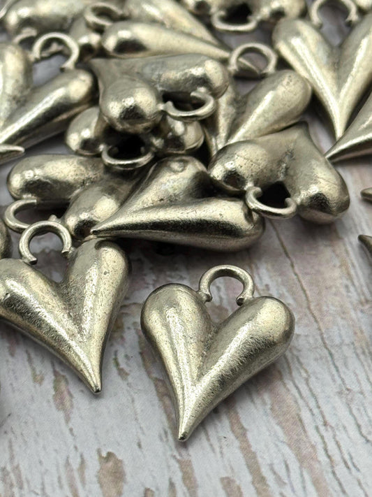 Large Elongated Puffed Heart Charm, Antiqued Pewter - PT523