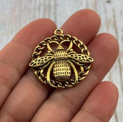 Large Round Bee Charm, Antiqued 18k Gold Plated - AG162