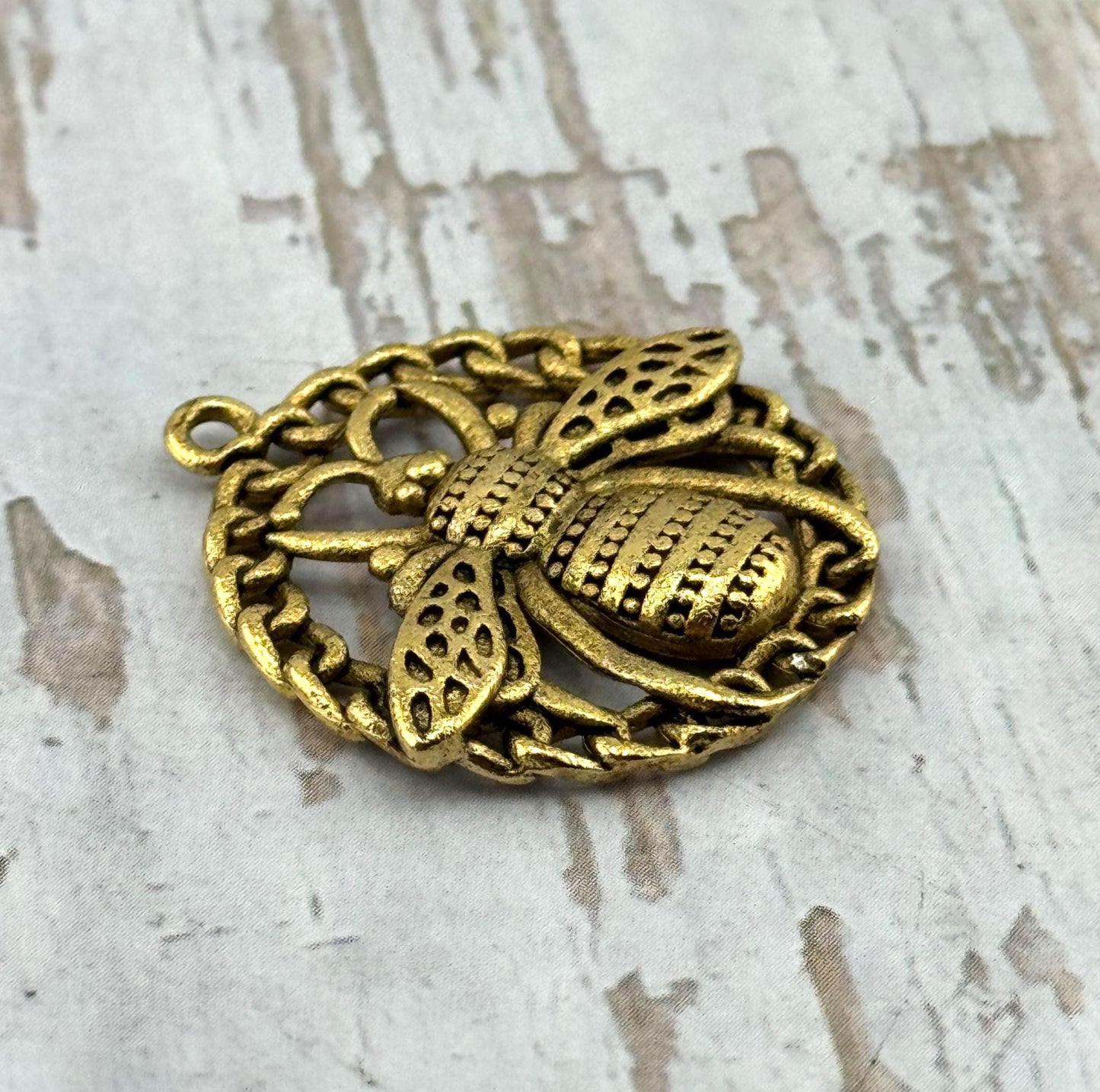 Large Round Bee Charm, Antiqued 18k Gold Plated - AG162