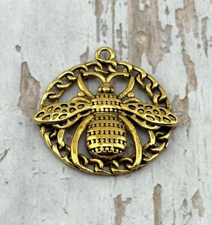 Large Round Bee Charm, Antiqued 18k Gold Plated - AG162