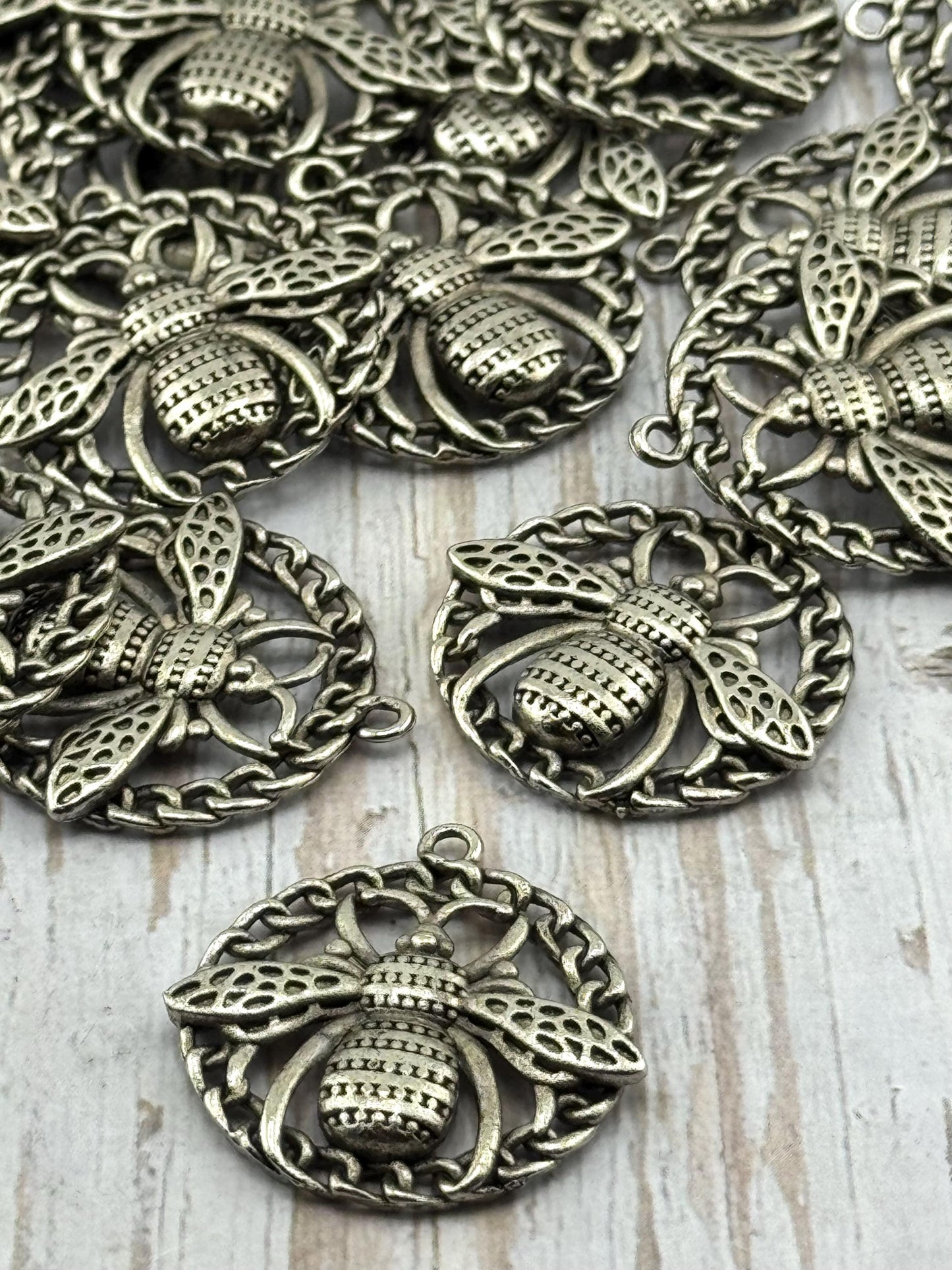 Large Round Bee Pendant, Antiqued Pewter - PT522