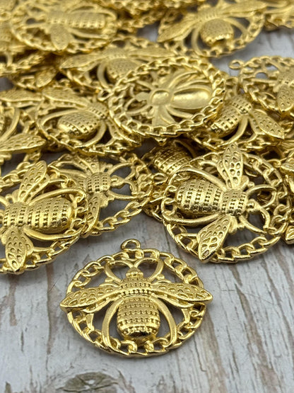 Round Bee Pendant, Satin 18k Gold Plated - ST342