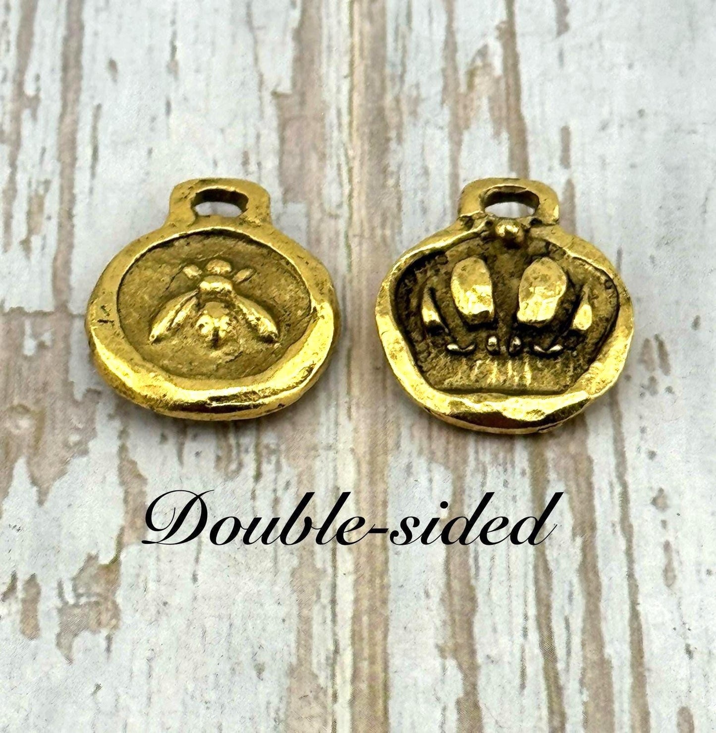 Double-sided Queen Bee Pendant, Antiqued 18K Gold Plated - AG118
