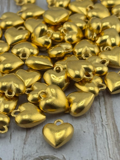 Small Puffy Heart Charm, Satin 18k Gold Plated Charm - ST212