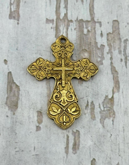 Large Ornate Christian Cross Pendant, Antiqued 18k Gold Plated - AG006