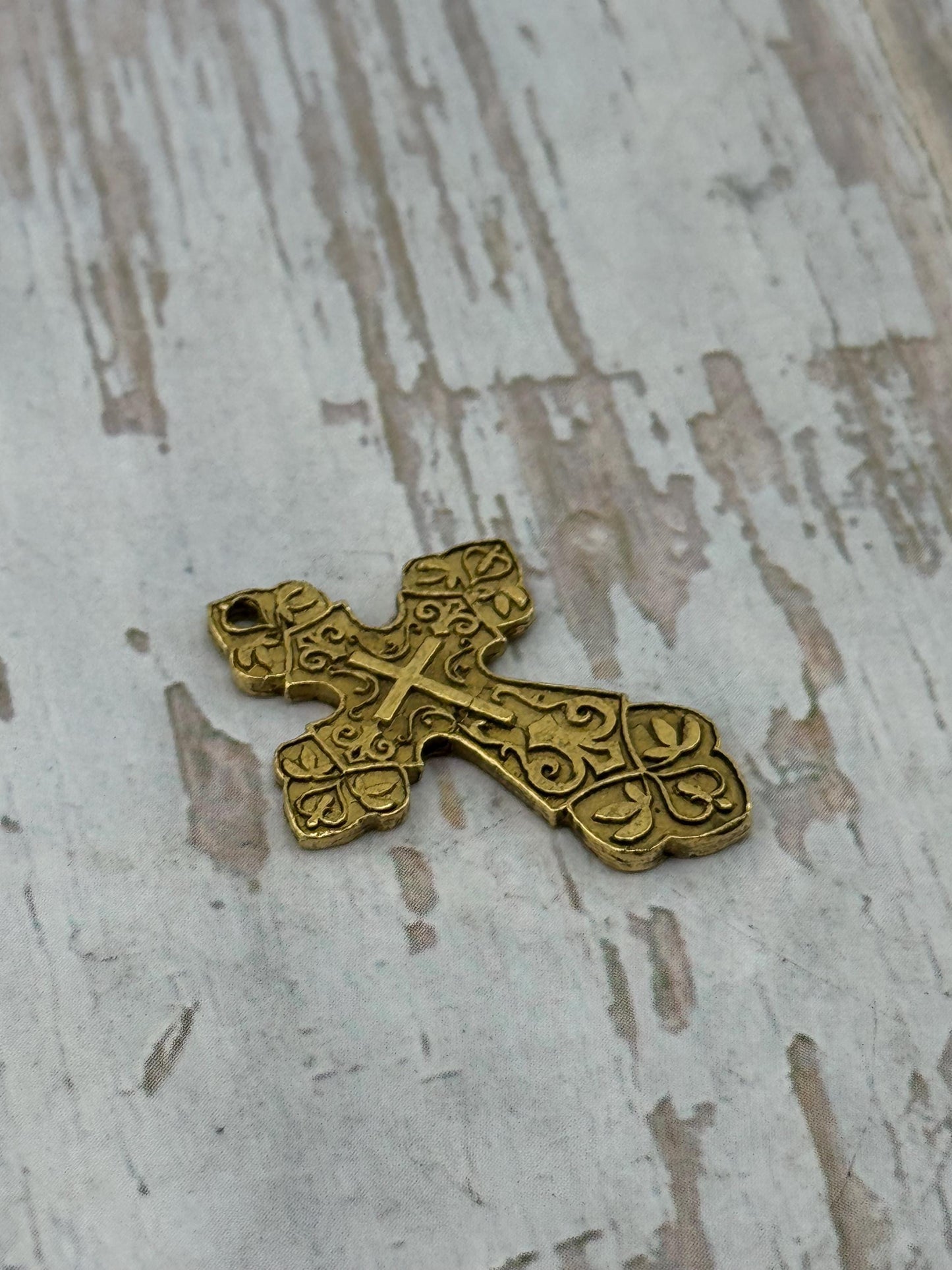 Large Ornate Christian Cross Pendant, Antiqued 18k Gold Plated - AG006
