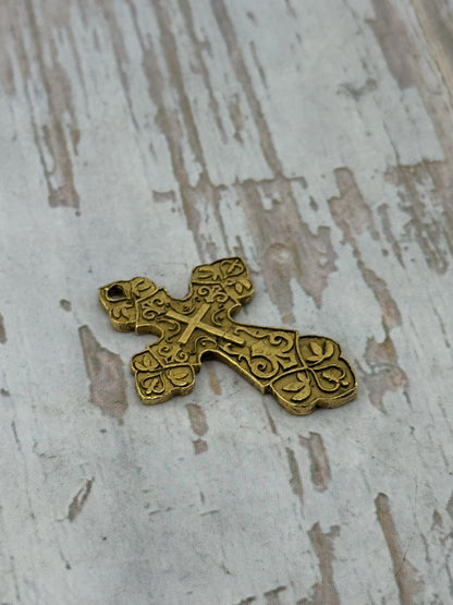 Large Ornate Christian Cross Pendant, Antiqued 18k Gold Plated - AG006